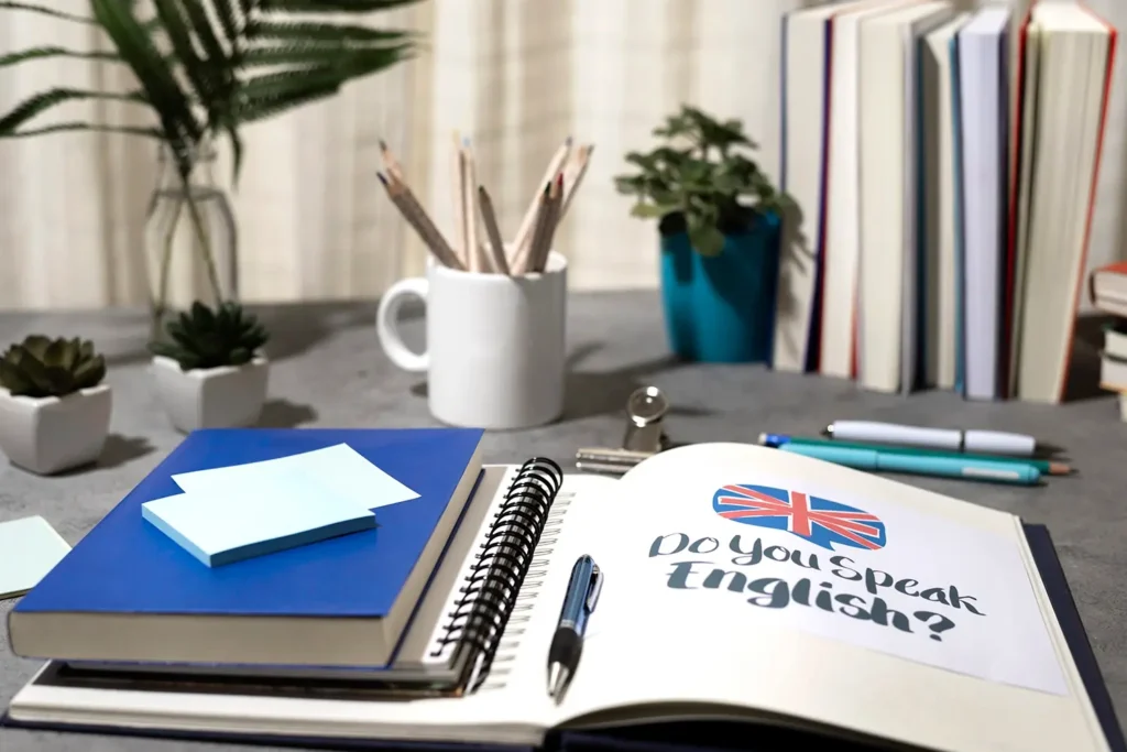 An open English book on the desk